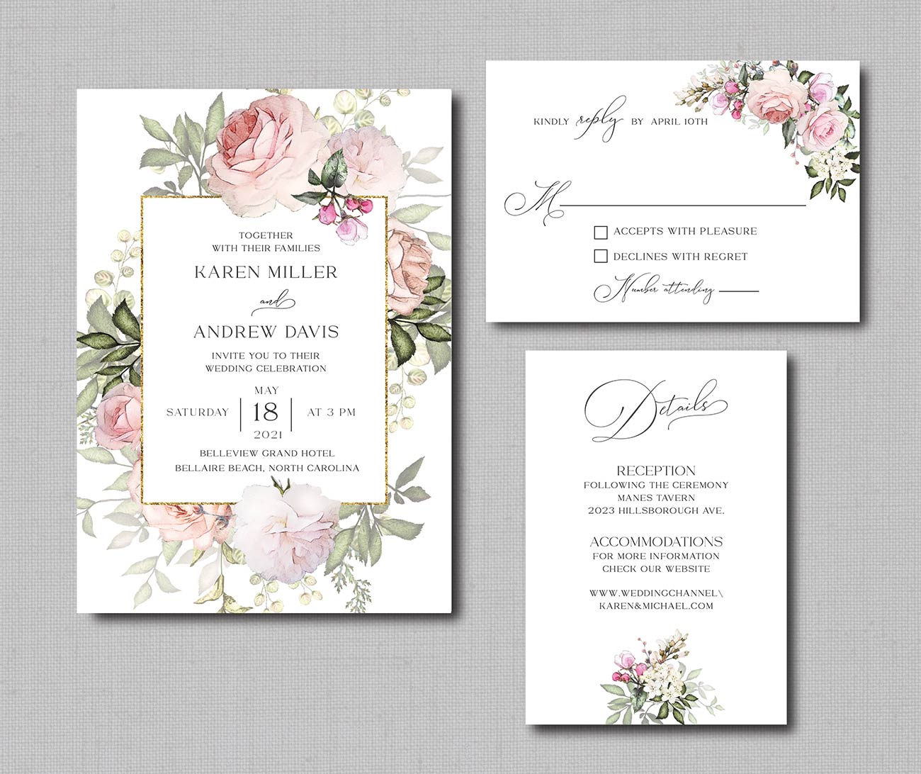 Blush Pink Floral Gold Frame Wedding Invitation - Affordable Wedding  Invitations - Affordable Wedding Invites